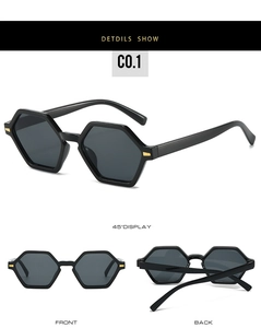 Detailed multi-angle views of hexagonal black vintage sunglasses with gold metal accents