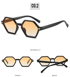Three-view display of retro hexagonal sunglasses with orange lenses and golden accents