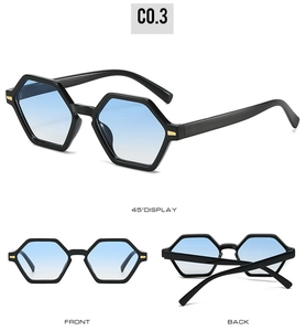 Three angles of hexagonal black frame sunglasses with blue gradient lenses and gold accents