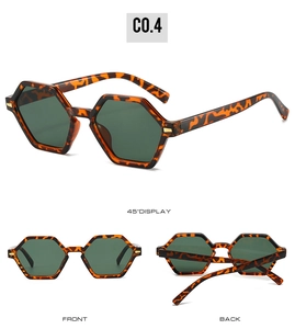 Three perspectives of retro hexagonal sunglasses with tortoise frames and green lenses