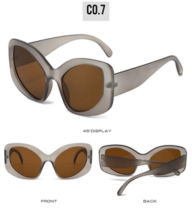 Three-way view of semi-transparent grey oversized cat-eye sunglasses with brown lenses