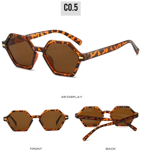 Detailed views of tortoiseshell hexagonal sunglasses with brown lenses from three angles
