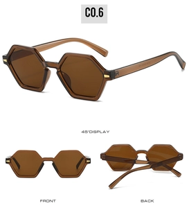 Detail view of tea-colored hexagonal sunglasses showing front and back angles in C0.6