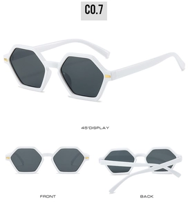 Detailed multi-angle views of white hexagonal sunglasses with grey lenses and gold rivets