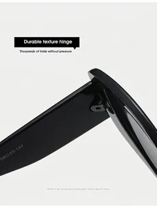 Macro detail of high-gloss black Y2K sunglasses hinge with size specifications 59-23-140