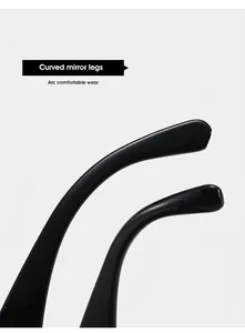 Detail view of glossy black Y2K sunglasses with ergonomic curved mirror legs for comfort