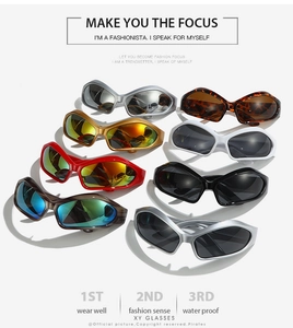 Macro view of multi-color futuristic sports sunglasses with metallic coated lenses