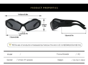 Size chart showing futuristic ski-style sunglasses with PC frame measurements and specs
