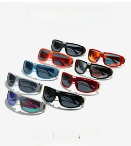Macro detail of various colorful sports sunglasses with durable frames and metal hinges