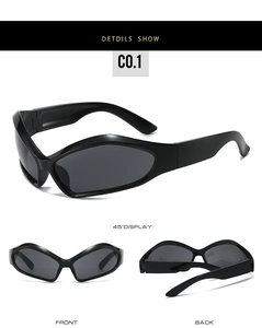 Three-angle view of futuristic wrap-around sunglasses with sleek black frames and dark lenses