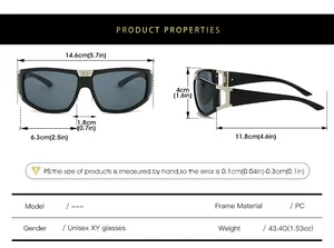 Detailed size chart for unisex PC sports sunglasses showing frame and temple dimensions