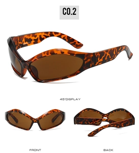 Detailed views of tortoise shell futuristic ski-style sunglasses with brown lenses