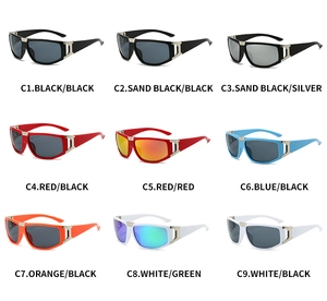 Detail view of colorful outdoor sports sunglasses in nine diverse frame and lens variations