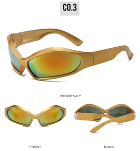 Three perspectives of futuristic gold sports sunglasses with orange gradient lenses