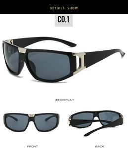 Three-angle view of black sports sunglasses with grey lenses and silver metal accents