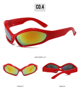 Detailed views of red futuristic wrap-around sunglasses with gradient mirror lenses