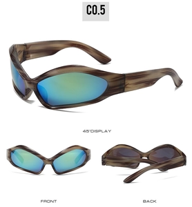 Detailed views of futuristic wrap-around sports sunglasses with blue mirror lenses