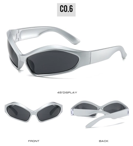 Detailed views of matte silver futuristic sports sunglasses with black lenses and sleek frame