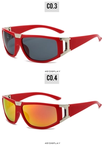 45-degree side view of red sports sunglasses with gray and orange mirrored lenses