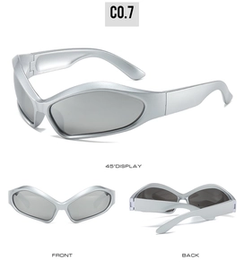 Detail view showing front, back, and 45-degree angles of silver futuristic ski sunglasses