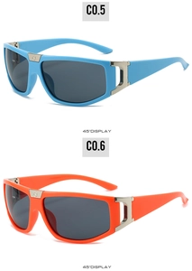 Detailed 45-degree view of sporty blue and orange sunglasses with silver hinge accents