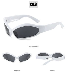 Three perspectives showing front, back, and 45-degree angle of white futuristic sunglasses