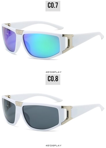 Detail view of sports sunglasses featuring white frames and colorful mirrored lenses