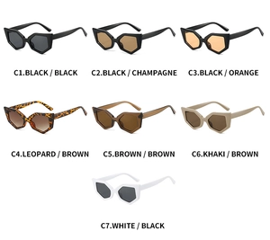 Détail de lunettes de soleil œil de chat montrant divers coloris et verres teintés