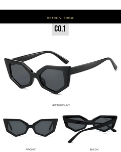 Vues détaillées de lunettes de soleil œil-de-chat noires sous plusieurs angles divers
