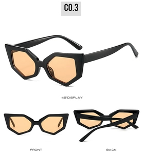 Trois angles de lunettes de soleil œil-de-chat géométriques, monture noire et verres ambre