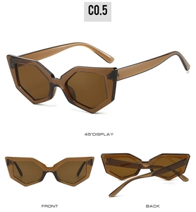 Vue sous trois angles de lunettes de soleil œil-de-chat géométriques en brun ambré élégant