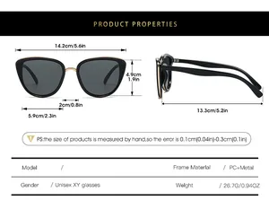 Detailed dimension chart showing sizes and specs for cat-eye metal sunglasses