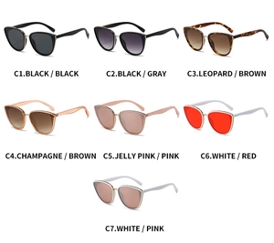 Detailed catalog showing seven color options for retro cat eye sunglasses with metal frames