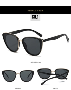 Detailed views of black cat eye sunglasses with gold metal trim and dark grey lenses
