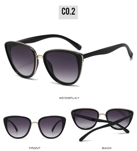 Multiple views showing black cat-eye sunglasses with gold metal accents and purple lenses