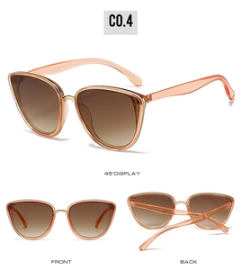 Three views of peach cat-eye sunglasses with gradient lenses and gold metal joints
