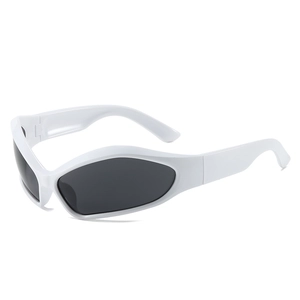 Futuristic white wrap-around sports sunglasses with black lenses from a side angle