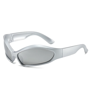 Futuristic silver wraparound sunglasses with grey lenses for outdoor sports and techwear