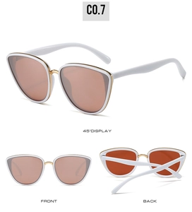 Detailed views of white cat-eye sunglasses with gold metal frame and tinted lenses