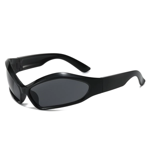 Futuristic black wraparound sports sunglasses with Y2K shield frame for outdoor activities