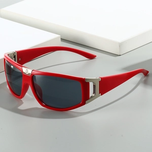 Fashionable red frame cycling sunglasses with dark lenses and silver metal accents