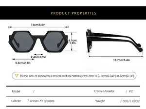 Detailed size chart for polygon sunglasses showing frame width lens height and PC material