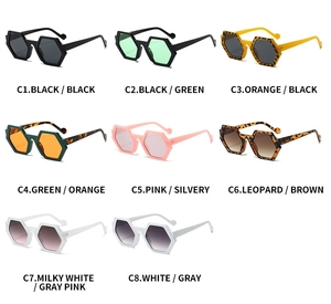 Detailed grid of polygon sunglasses showing eight stylish color options and gradient lenses