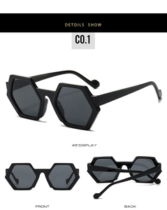 Detailed multi-angle views of black polygon sunglasses with dark lenses and geometric frame