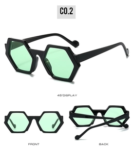 Front, back, and 45-degree views of hexagon sunglasses with light green lenses and black frames