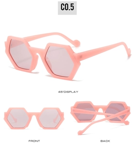 Detailed multi-angle views of pink hexagonal sunglasses with light purple tinted lenses
