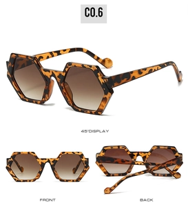 Three perspectives of polygon sunglasses showing front back and 45 degree tortoise frames
