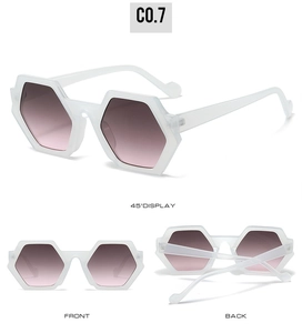 Detailed views of polygon sunglasses with translucent white frames and pink gradient lenses