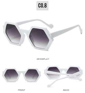 Front and back detail views of stylish white hexagonal sunglasses with grey gradient lenses