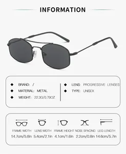 Detailed size chart and technical specifications for geometric double bridge metal sunglasses